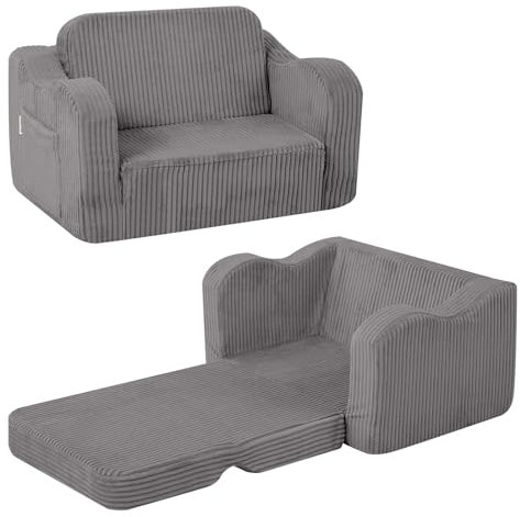 MeMoreCool Cord Kindersofa, Kinder Relaxsessel, Baby Lounge Sofa, Mini Couch für Kuschelecke Kinderzimmer, ausklappbare Couch für Jungen und Mädchen im Alter von 1–3 Jahren, Grau