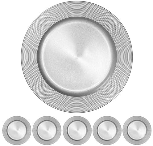 Murago - 6er Set Platzteller ca. 33cm Kunststoff silberfarbige - glänzende glitzer Unterteller Untersetzer für Teller Kerzen Dekoteller Kerzenteller silberne Dekoration für Hochzeit Tischdeko