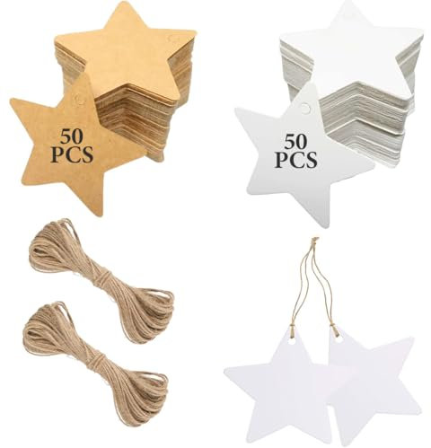Etichette Regalo in Carta Kraft, 100pcs Etichetta a Forma di Stella a Cinque Punte, Etichetta Kraft Marrone, Etichette Decorative con Spago di Iuta, Etichette Cartoncino