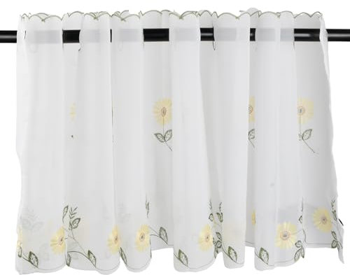 Zimoer Moderne Bistrogardine für Küche und Wohnzimmer 43 x 200 cm– Kurze Vintage Landhausstil Scheibengardine mit Sonnenblumenstickerei für kleines Fenster