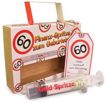 Tiwoca Geschenk zum 60. Geburtstag – rot-weiße Geldspritze mit Verkehrsschild-Optik Zahl 60 – Ausgefallene Geburtstagsdeko und lustige Geschenkideen für Männer und Frauen
