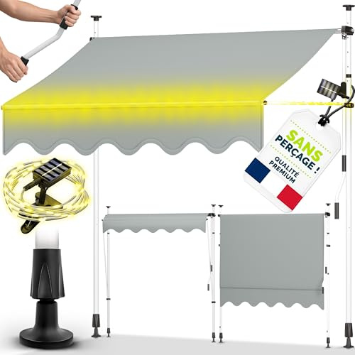 Toldo de gancho Tillvex de 350 cm en color gris claro con LED y manivela manual para balcón | Toldo de balcón sin necesidad de taladrar | Toldo resistente a los rayos UV y ajustable en altura |