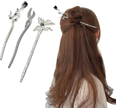 BRDXOOL Lot de 3 épingles à cheveux en métal noir pour cheveux longs - Pour femme - Rose, papillon, plume de phénix - Style chinois élégant - Rétro - Accessoires de coiffure - Cadeau