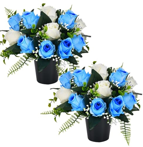 2 Set Artificial Flowers for Graves in Pot with 12-Head Blue White Roses Flake Plastics Silk Funeral Memorial Cemetery Artificial Grave Flowers Outdoor Graveside Ornaments for Granddad Mum Dad Friend