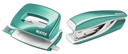 Leitz Mini-Locher + Mini-Heftgerät, für 10 Blatt, Anschlagschiene mit Formatangaben, Tacker mit 1000 Heftklammern, Ergonomisches Design, Eisblau, WOW-Serie, 50601051 + 55281051