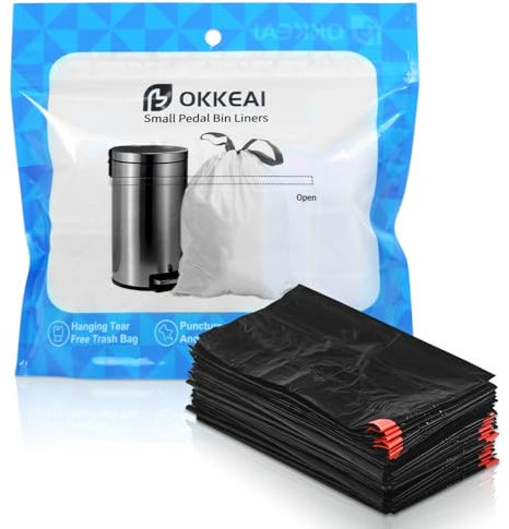 OKKEAI 60 Petit Sacs Poubelle avec Liens Coulissants, Sac Poubelle 5L Noir Sac à Ordure, Sachets Prédécoupés à Retrait Facile, Résistants et Anti-Fuites, Idéal pour Salle de Bain, Bureau, Chambre