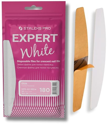STALEKS PRO Expert Lot de 42 abrasifs jetables blancs en forme de croissant pour base de lime à ongles (grain 180, 50 pièces) - Limes abrasives adhésives pour façonner les ongles naturels et