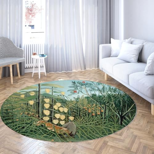 Runder Eingangsteppich 200cm Grüngrüner Dschungelteich Waschbarer Rutschfester Kurzflor Kreis Küchenteppiche für Terrasse Garten Studio Bank Gemütliche Ecke Grüner Teppich