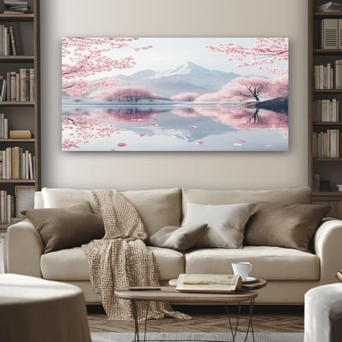 Grand Japonais Fleurs de Tableau Decoration Murale Sans Cadre 70x140 cm | Cerisier Salon Paysage Montagne Impression sur Toile Peinture sur Toile pour Chambre Cuisine Bureau Horizontal Poster Mural