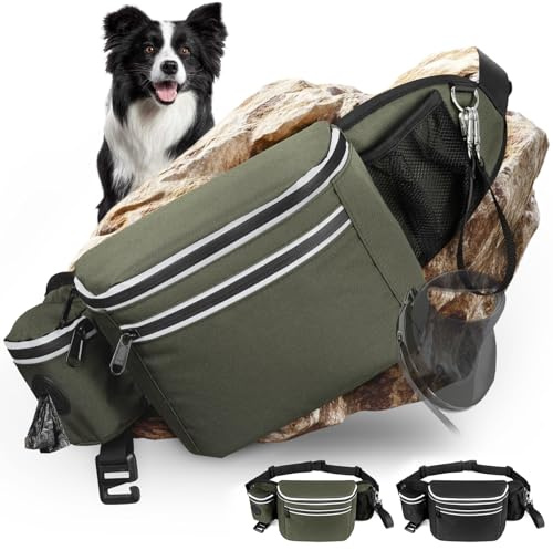 Hundebauchtasche mit Kotbeutelspender & Flaschenhalter, Leckerli Tasche für Hunde Training, Gassi Tasche mit D-Ring, Reflektor & verstellbarem Gurt, Bauchtasche Hund für Spaziergang Joggen Wandern