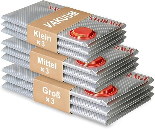 Vakuumbeutel 9 Stück (3 Groß 60x50cm, 3 Mittelgröße 60x40cm, 3 Kleine 50x40cm) Aufbewahrungsbeutel Reise Vakuum Wiederverwendbar(Ohne Pumpe)