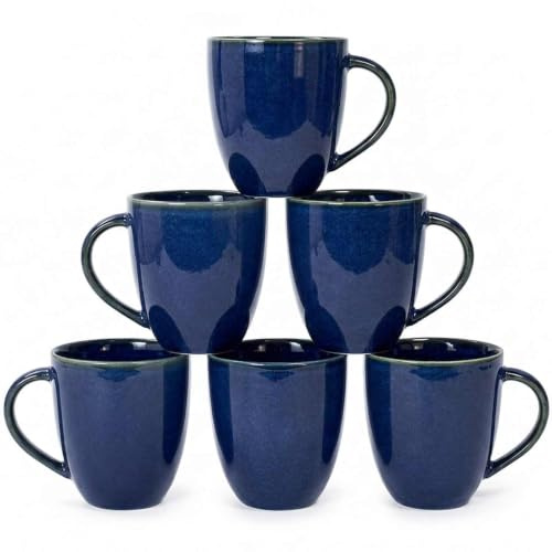 Cobalt Blue Ceramic Coffee Mug Set of 6, 12 oz Reactive Glaze Porcelain Tea Cups with Large Handle for Home Kitchen, 6-Piece Deep Ocean Blue Artisan Cocoa Mugs for Latte, Cappuccino, Holiday Gift Set