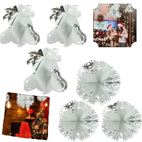 SRVertex 6Pcs Christmas Foil Ceiling Hanging Decorations, 3x White/Silver Bells & 3x Snowballs, Festive Foil Hanging Ornaments for Christmas Tree, New Year, Home Party & Holiday Decorations