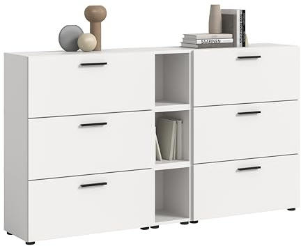 xonox.home – Wohnkombination The One 176x99x34 cm in Weiß Nachbildung – Stauraumwunder mit 6 Klappen – 12 geschlossene & 3 offene Fächer Sorgen für eine übersichtliche Aufbewahrung Ihrer Utensilien