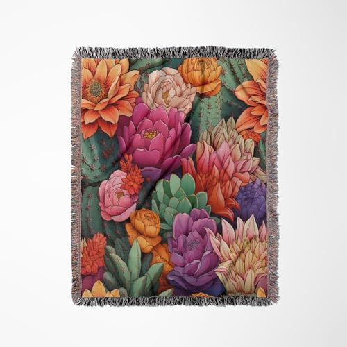 3dRose Colorful Orange Coral Flower Cactus Pattern Woven Blanket