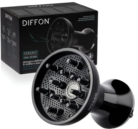 Imetec Diffon, Difusor Secador de Aire Caliente para Cabello Rizado de Hombre, Rizos Definidos Sin Encrespamiento, Tecnología Cerámica, 2 Niveles de Aire/Temperatura, Doble Tensión, 700 W, Negro