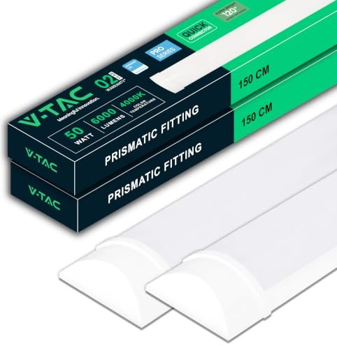 V-TAC 2x Feuchtraumleuchte LED 150 CM - 50W - Samsung Chip - Rechteckige Lampe 6000 Lumen IP20 für Wand, Garage, Shop - LED Röhre - Prismatische Deckenleuchte LED - Licht 4000K Neutralweiß