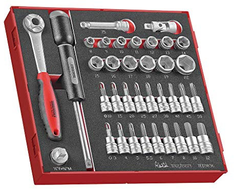 Teng Tools 36 Piece 3/8 Inch Drive 6 Point Metric Regular/Shallow & Bit Foam Socket Set - TED3836, Silver