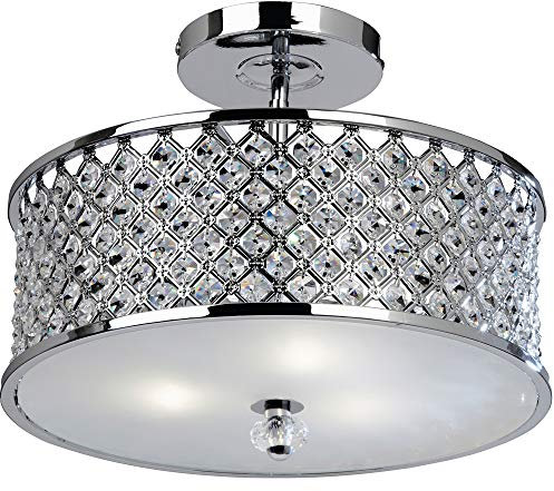 405mm Semi Flush Ceiling Mounted Down Light | Premium Chrome & Crystal Glass | 3X E27 Lamp Bulb Holder Fitting | Over Head Modern Office Hallway Lighting | Round Diffused Shade | Dimmable & LED