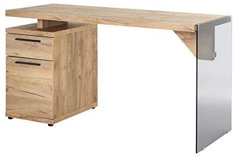 Jahnke LUX C 140 - Schreibtisch mit 1 Tür und 1 Schublade, 141,8 x 55 x 74 cm, Kerneiche-Effekt/Graues Glas