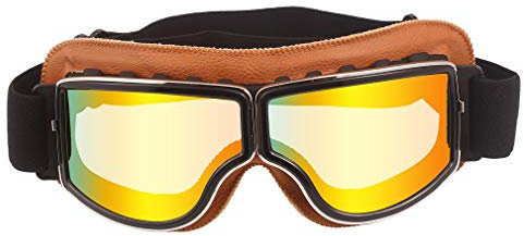 Ashilun Retro Pilot Motorradbrille beschlagfrei Warm Reitbrille ATV Bike Motocross Brille Schutzbrille (Gelber Rahmen + Rote Linse)