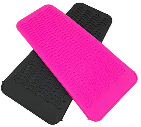 2 Pack Portable Styling Heat mat, Heat Resistant Silicone Mat Pouch,Curling Iron pad Cover, Hair Straightener Travel Bag Case, for Flat Iron, Curler Wand, Hot Waver, Salon Tools (Black and Pink)