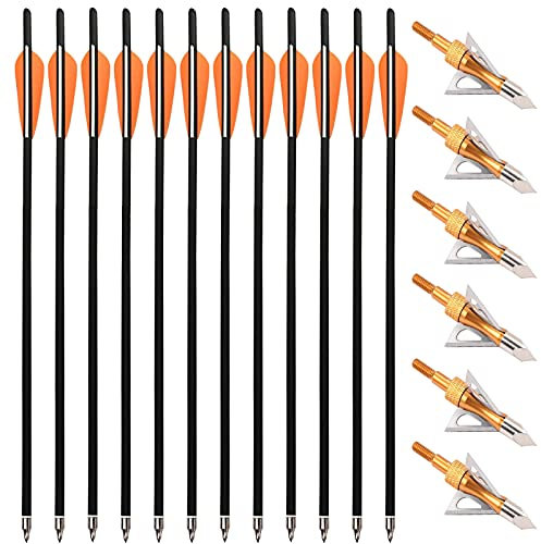 PMSM 12 Stück Carbon Armbrustbolzen 20 Zoll Armbrustpfeile und 6 Stück Armbrust Jagdspitzen kit,Armbrust Carbonpfeile für Jagd und Zielbogenschießen Schießen (20 Zoll Orange und Gold)