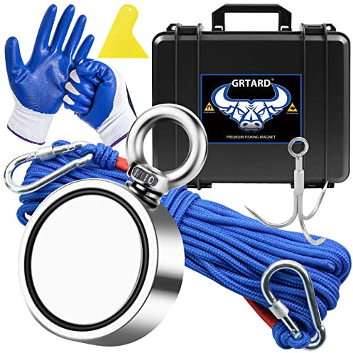 1000 LBS Fishing Magnet Kit, Double Sided Fishing Strong Neodymium Magnet - Includes Grappling Hook, 65FT Rope, Gloves, Locking Carabiner, Yellow Decontamination Scraper, Waterproof Case