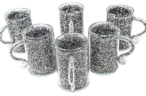 Silver Crushed Diamond Crystal Filled Glass Mug Turkish Coffee Tea Cup Set of 6 with Silver Trimmings | Sparkle Ornament Bling Crushed Diamond Gift | Crushed Diamond Display