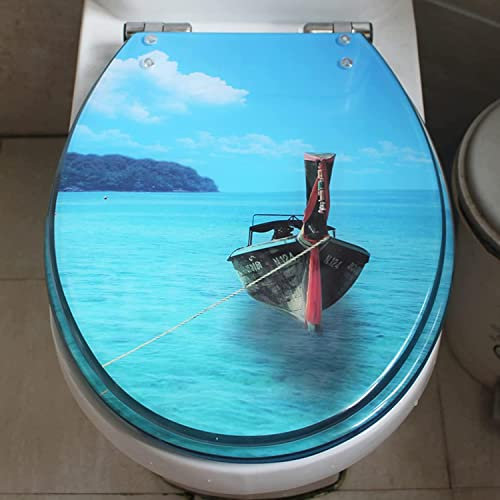 WJFMZS U/O/V Shape Resin Toilet Seats, Slow Close Adjustable Hinge Quick Release Top Fixed Ocean Sailboat Toilet Seats Cover Bathroom Lid