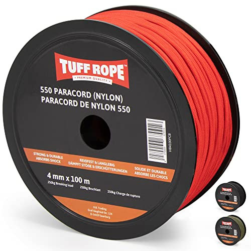TUFF ROPE® Paracord 550 (Nylon) - 4mm - DAS Starke Seil - Reißfest & Langlebig - 7 Kernfäden - Mehrzweckseil für Outdoor, Haus & Garten in Premium Qualität (Rot, 100m (Spule))