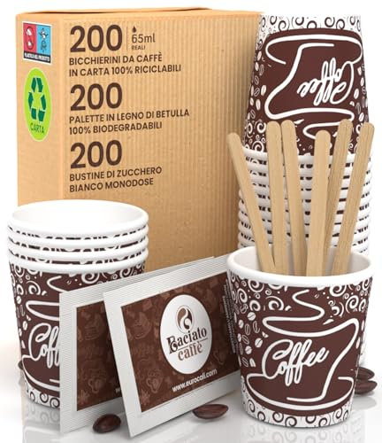 Baciato Caffè 200 gobelets en papier pour café gobelets jetables écologiques de 65 ml + 200 sachets de sucre + 200 palettes en bois de bouleau compostables scellées individuellement
