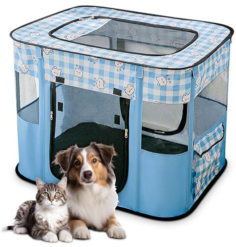 ALLSOPETS Recinto per Cani da Interno Pieghevole, Anche per Esterno, Box Traspirante Portatile per Gatti Conigli Cuccioli con Borsa da Trasporto, per Viaggi e Campeggio (Orsi Blu, M)