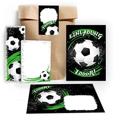 Junapack 12 Einladungskarten zum Kindergeburtstag Geburtstag Jungen Fussball Fußball incl. 12 Umschläge, 12 Tüten/natur, 12 Aufkleber, 12 Lesezeichen, 12 Blöcke