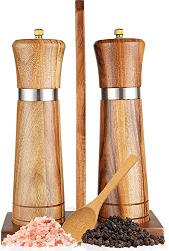 Ninefish Wooden Salt and Pepper Grinder Kit,Wood pepper mill,8-inch manual Teak Wooden Salt and Pepper Shakers, Pepper and salt grinders are combined with Wooden Stand Holder Tray and Wooden Spoon