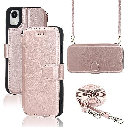 ELTEKER Hülle für iPhone X/XS Klapphülle,Handyhülle iPhone X/XS mit Umhängeband Kartenfach, Standfunktion Handytasche Lederhülle, Rosa