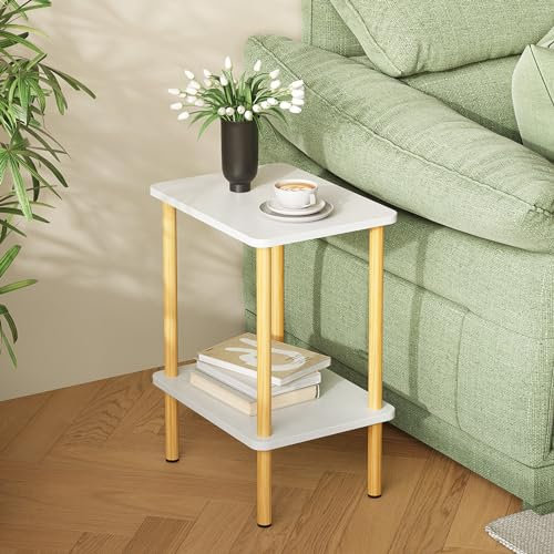 APICIZON 2 Tier Mesita Auxiliar, Mesa Auxiliar Salon, Mesita de Noche Estrecha con Espacio de Almacenamiento, 40x30x52cm, Mesita Auxiliar Pequeña para Dormitorio, Balcón, Sala de estar, Blanco/Natural