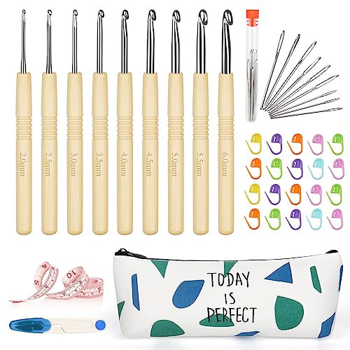 Coopay Häkelnadel Set mit Häkelzubehör, 9 Stück Rutschfest Häkelnadeln mit Bambus Griff und und Glatt Hakenkopf, 2,0mm - 6,0 mm Leichte Holzgriff Häkelnadeln für Arthritische Hände, Anfänger & Kinder