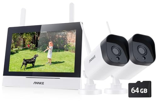 ANNKE Wireless Security Camera System, 7 LCD Monitor, 4CH WiFi Surveillance IPS Touch Screen with 2Pcs 3MP Outdoor IP Cameras,100ft Night Vision, Two-Way Audio,Motion Detection,64GB SD Card Included