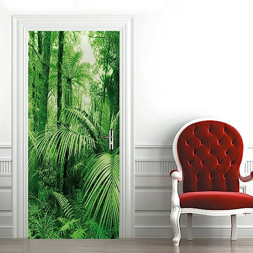 A.Monamour Adesivo Porta Autoadesiva 3D Scenario Verde Della Natura Della Foresta Pluviale Della Giungla Tropicale Vinile PVC Adesivi per Porte Interne Pellicola Adesiva Poster Murale Parete 85x215cm