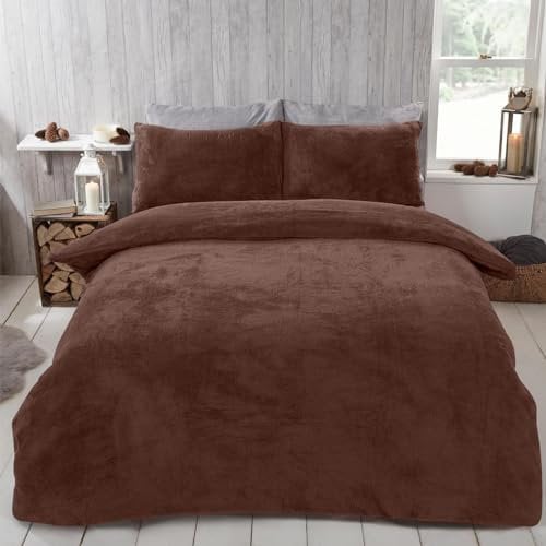 Brentfords Super King Duvet Set Teddy Fleece, Winter Duvet Covers with Pillowcases Superking Duvet Cover Fluffy Bedding Super Soft Quilt Covers, Chocolate Brown
