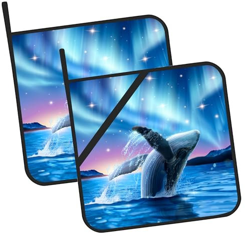 Topflappen Wal mit Aurora auf Sternenhimmel, für Küche, hitzebeständige heiße Pads zum Kochen, Grillen, Backen, Grillen, Topflappen für Frauen, Kochutensilien, Zubehör, Zuhause, Mikrowelle, 2 Stück