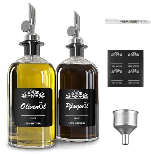 Miorkly Bouteille d'huile,Set de 2 bouteilles de vinaigre et d'huile,Distributeur d'huile de 350ml,Bouteilles en verre à pompe argentée,Bouteille d'huile avec étiquettes,Bec verseur,Entonnoir
