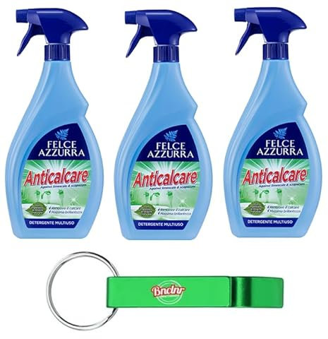 3x Felce Azzurra Detergente Anticalcare Bagno, Detersivo Spray - Elimina il Calcare 750ml + Portachiavi Beni Culinari in Omaggio