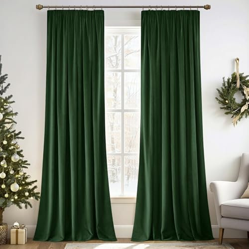 MIULEE Dark Green Velvet Pencil Pleat Darkening Curtains for Bedroom 2 Panel Set, Super Soft Luxury Home Decor Living Room, Thick Room Darkening Curtains 90 Drop, Each 46 x 90 Inche