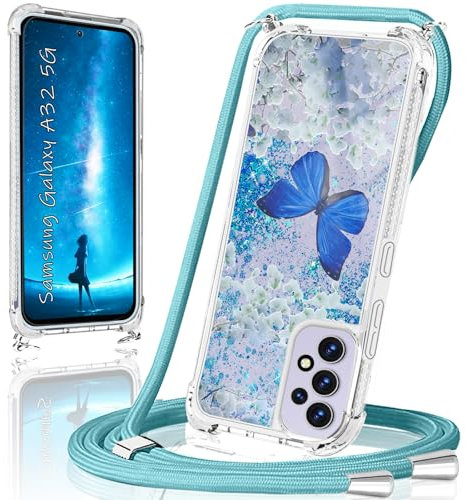 XCYYOO Handykette für Samsung Galaxy A32 5G Hülle mit Band,Handyhülle Samsung A32 5G Glitzer Schmetterling mit Kette TPU Slim Bumper Kratzfest Transparent Stoßfest Schmetterling Schutzhülle mit Kordel