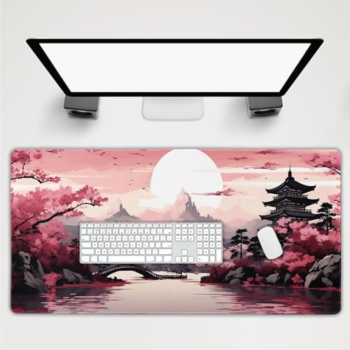 Pink Japanese Sakura Gaming Mouse Pad Extended Cherry Blossom Tower Mountain Landscape Large Desk Mat Big Mousepad Non-Slip Rubber Base Stitched Edge Long Desk Pad for Computer Gamer,40x20in,100x50cm