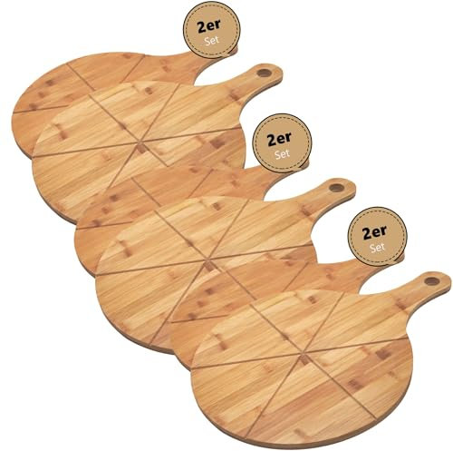 hausleben Lot de 6 assiettes à pizza en bois de 33 cm (lot de 2, 3 ou 4) - Grande planche à pizza avec poignée - Assiette de présentation ronde - Planche à pizza - Planche à pizza - Assiette de