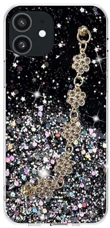 Rnrieyta Miagon Glitter Hand Strap Loop Case for iPhone 12 Mini,Bling Transparent Soft TPU Protective Slim Cover with Diamond Flower Strap Chain