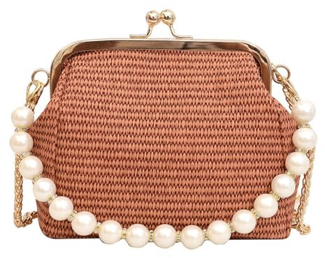 TOFBS Crossbody Tasche Damen Umhängetasche Klein Schultertasche Geflochten Perlen Kette Handtasche Kleine Taschen Strohtasche Clutch Bag